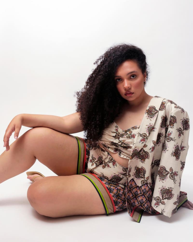 Front of a model wearing a size L (12/14) River Suit Set in Cream Patchwork by LuvMeMore. | dia_product_style_image_id:266694